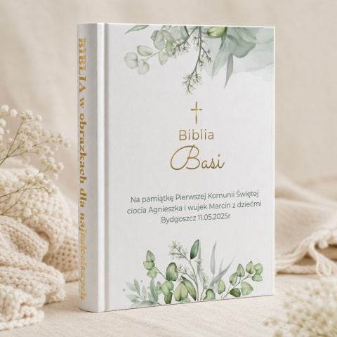 Biblia komunijna z personalizacją - botaniczny wzór z listkami