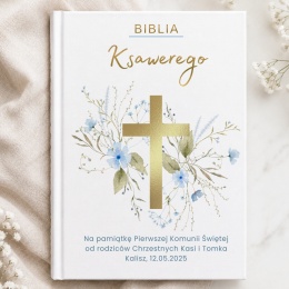 Biblia na Pierwszą Komunię z imieniem - złoty krzyż i niebieskie kwiaty
