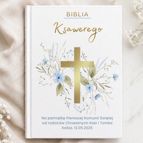 Biblia na Pierwszą Komunię z imieniem - złoty krzyż i niebieskie kwiaty