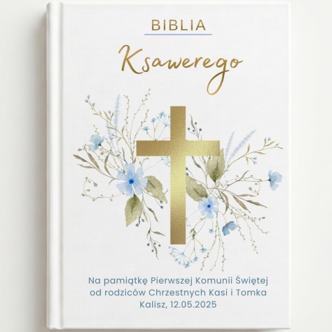 Biblia na Pierwszą Komunię z imieniem - złoty krzyż i niebieskie kwiaty