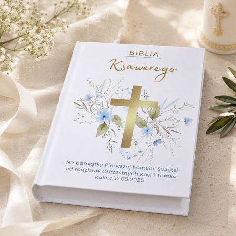 Biblia na Pierwszą Komunię z imieniem - złoty krzyż i niebieskie kwiaty