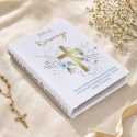 Biblia na Pierwszą Komunię z imieniem - złoty krzyż i niebieskie kwiaty
