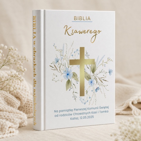 Biblia na Pierwszą Komunię z imieniem - złoty krzyż i niebieskie kwiaty