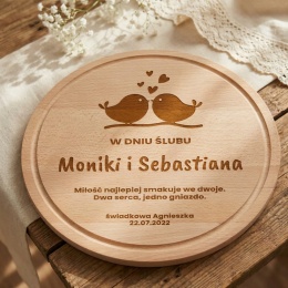 Deska Okrągła Bukowa 30 cm z Grawerem na Ślub - Romantyczne Ptaszki