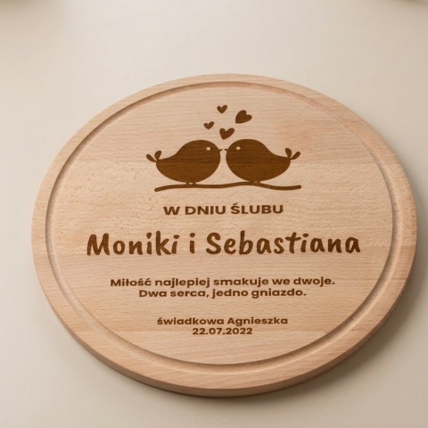 Deska Okrągła Bukowa 30 cm z Grawerem na Ślub - Romantyczne Ptaszki