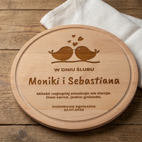 Deska Okrągła Bukowa 30 cm z Grawerem na Ślub - Romantyczne Ptaszki