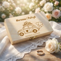 Drewniane pudełko na prezent ślubny z grawerem auto z balonami
