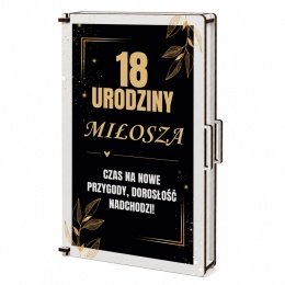 Eleganckie pudełko na pieniądze pamiątka na 18 urodziny czarno-złoty motyw