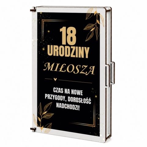 Eleganckie pudełko na pieniądze pamiątka na 18 urodziny czarno-złoty motyw