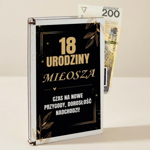 Eleganckie pudełko na pieniądze pamiątka na 18 urodziny czarno-złoty motyw
