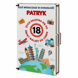 Klasyczne pudełko na pieniądze 18 urodziny motyw podróżniczy