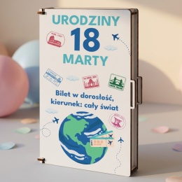 Klasyczne pudełko na pieniądze pamiątka 18 urodziny motyw podróżniczy dla chłopaka i dziewczyny