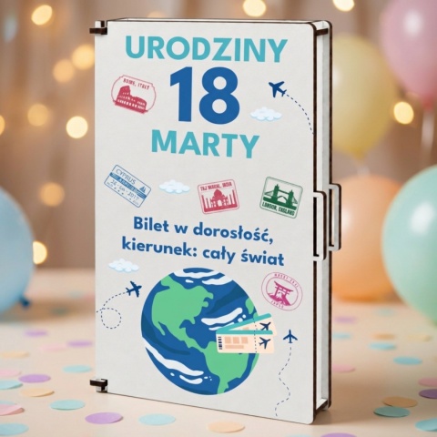 Klasyczne pudełko na pieniądze pamiątka 18 urodziny motyw podróżniczy dla chłopaka i dziewczyny