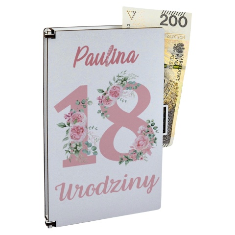 Pamiątka na 18 urodziny dla dziewczyny - piękne pudełko na pieniądze z nadrukiem