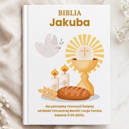Personalizowana Biblia komunijna - kielich, hostia, gołębica i chleb