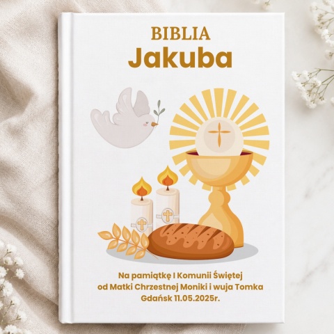 Personalizowana Biblia komunijna - kielich, hostia, gołębica i chleb