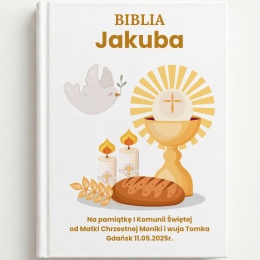 Personalizowana Biblia komunijna - kielich, hostia, gołębica i chleb