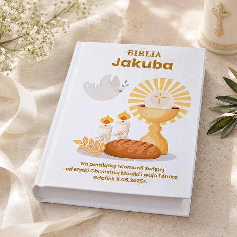 Personalizowana Biblia komunijna - kielich, hostia, gołębica i chleb