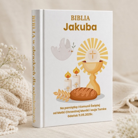 Personalizowana Biblia komunijna - kielich, hostia, gołębica i chleb