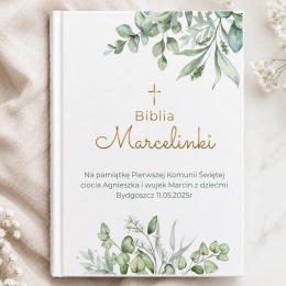 Personalizowana Biblia na Komunię Świętą - zielone listki i złoty krzyż