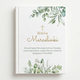Personalizowana Biblia na Komunię Świętą - zielone listki i złoty krzyż