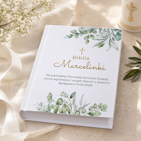 Personalizowana Biblia na Komunię Świętą - zielone listki i złoty krzyż