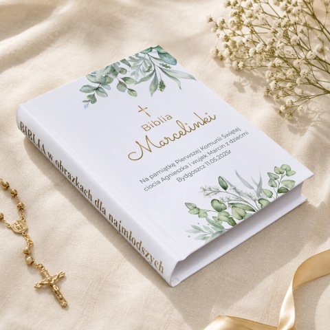 Personalizowana Biblia na Komunię Świętą - zielone listki i złoty krzyż