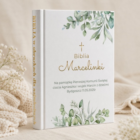 Personalizowana Biblia na Komunię Świętą - zielone listki i złoty krzyż