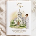 Personalizowana Biblia na Komunię dla chłopca - kościółek i gołąbki