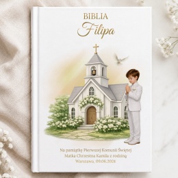 Personalizowana Biblia na Komunię dla chłopca - kościółek i gołąbki