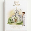 Personalizowana Biblia na Komunię dla chłopca - kościółek i gołąbki