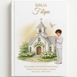 Personalizowana Biblia na Komunię dla chłopca - kościółek i gołąbki