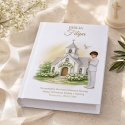 Personalizowana Biblia na Komunię dla chłopca - kościółek i gołąbki