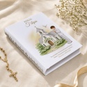 Personalizowana Biblia na Komunię dla chłopca - kościółek i gołąbki