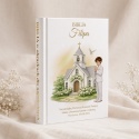 Personalizowana Biblia na Komunię dla chłopca - kościółek i gołąbki