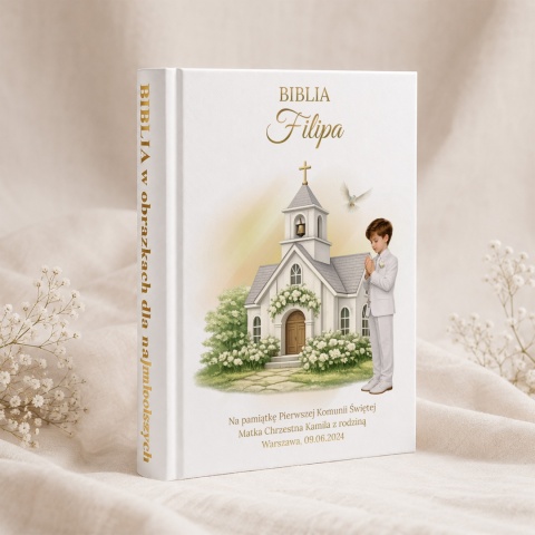 Personalizowana Biblia na Komunię dla chłopca - kościółek i gołąbki