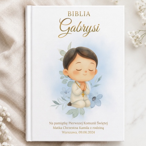 Personalizowana Biblia na Komunię dla chłopca - modlitwa i błękit