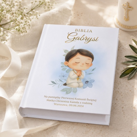 Personalizowana Biblia na Komunię dla chłopca - modlitwa i błękit
