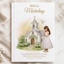 Personalizowana Biblia na Komunię dla dziewczynki - kościółek i gołąbki