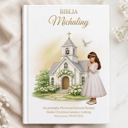 Personalizowana Biblia na Komunię dla dziewczynki - kościółek i gołąbki