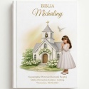 Personalizowana Biblia na Komunię dla dziewczynki - kościółek i gołąbki