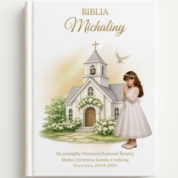 Personalizowana Biblia na Komunię dla dziewczynki - kościółek i gołąbki
