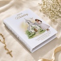 Personalizowana Biblia na Komunię dla dziewczynki - kościółek i gołąbki