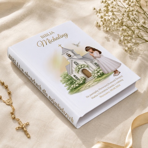 Personalizowana Biblia na Komunię dla dziewczynki - kościółek i gołąbki