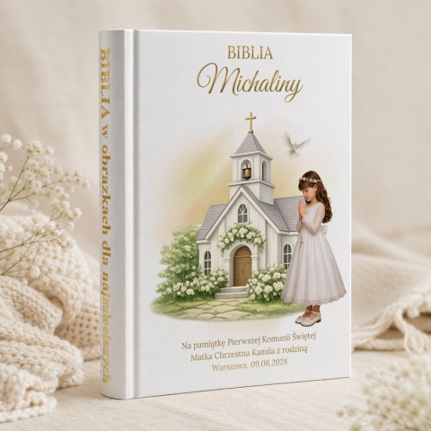 Personalizowana Biblia na Komunię dla dziewczynki - kościółek i gołąbki