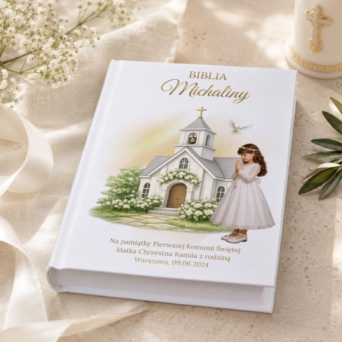 Personalizowana Biblia na Komunię dla dziewczynki - kościółek i gołąbki