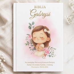 Personalizowana Biblia na Komunię dla dziewczynki - różowe kwiaty