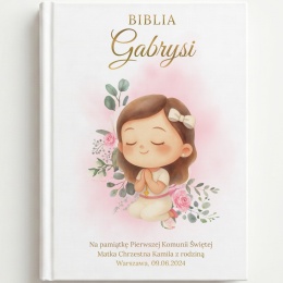 Personalizowana Biblia na Komunię dla dziewczynki - różowe kwiaty