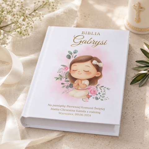 Personalizowana Biblia na Komunię dla dziewczynki - różowe kwiaty