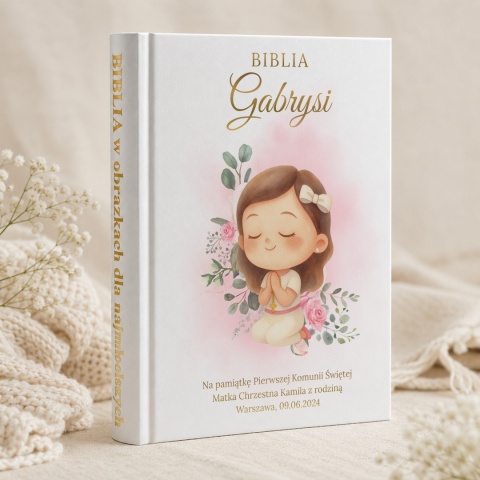 Personalizowana Biblia na Komunię dla dziewczynki - różowe kwiaty